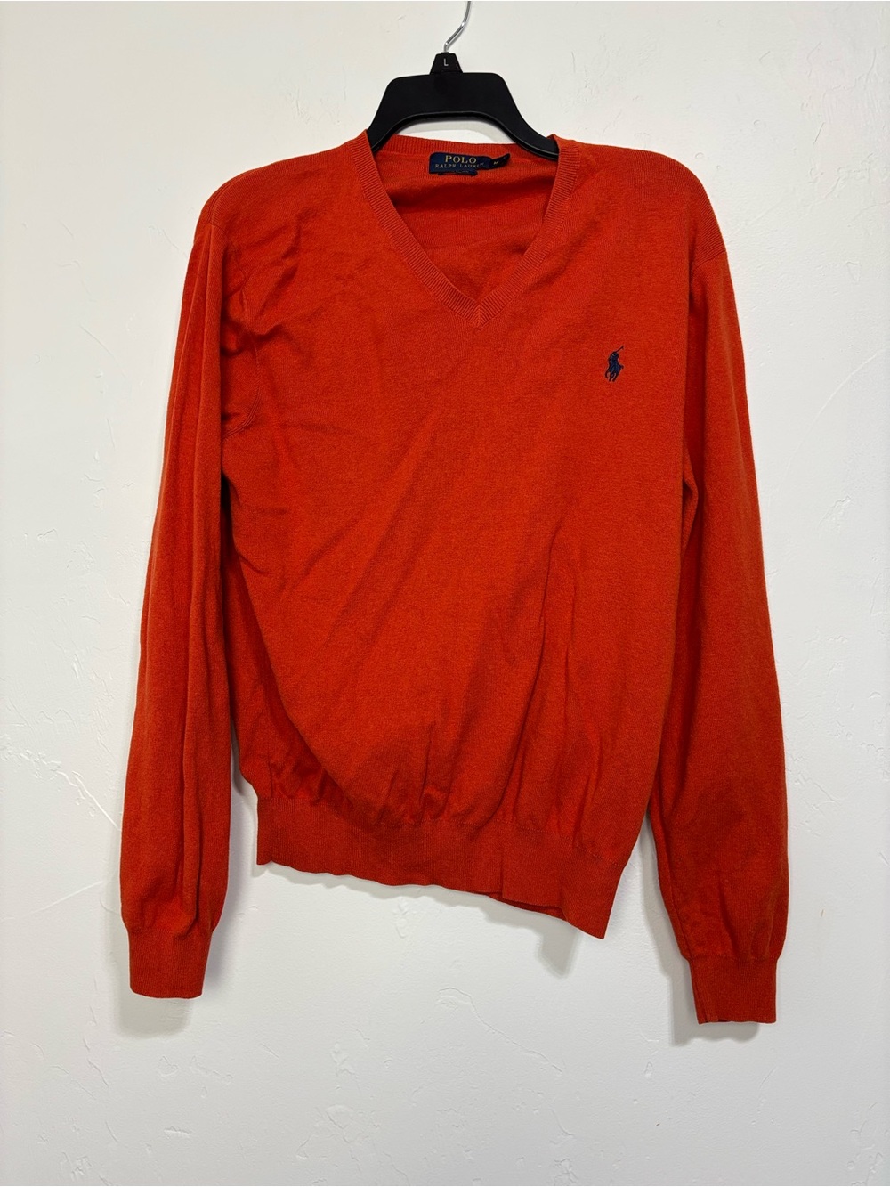 Polo Ralph Lauren Men's Orange V-Neck Pullover Sweater Pima Cotton Knit Medium